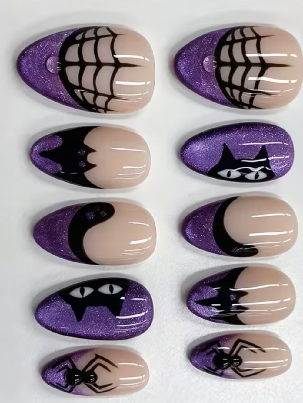 Purple Halloween Press-On Nails | Spider Web Cat Bat Gothic Nail Set